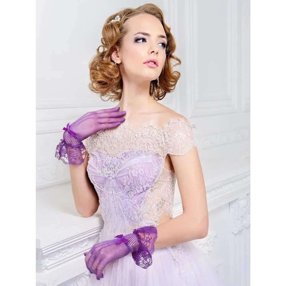 Women's Elegant Purple Short Bow Style Lace Gloves Dinner Wedding Party Tea Prom